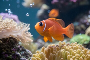Vibrant orange clownfish swimming among colorful coral reef in clear blue water