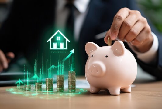 Person saving money for a house.  A hand puts a coin into a piggy bank.  Graph showing growth overlays
