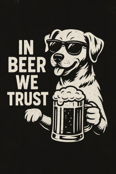 A cool, cartoon-style dog wearing sunglasses, holding a mug of beer.  Text states "In Beer We Trust". Cheers!