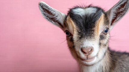 Obraz premium Cute Baby Goat with Black and White Fur and Blue Eyes Against Soft Pink Background