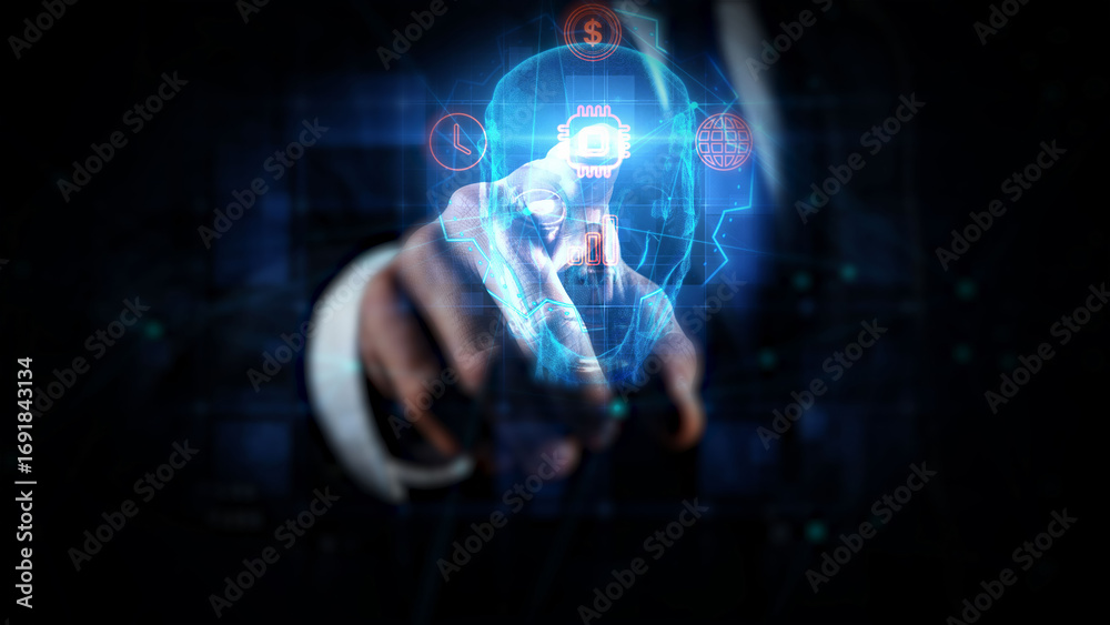 Wall mural digital interface ai technology with hand pointing at futuristic holographic display