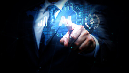 Futuristic Businessman Tapping AI Technology Interface Display with Financial Graphics