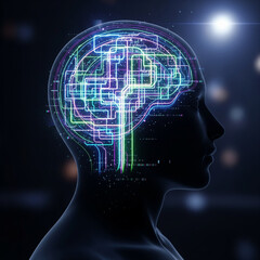 Neon Mind Labyrinth &ndash; Human Head Silhouette with Glowing Maze and Floating Particles, Abstract Futuristic Creativity Concept