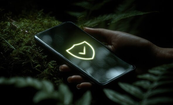 Smartphone in hand, glowing shield icon on screen, nestled in dark, mossy forest