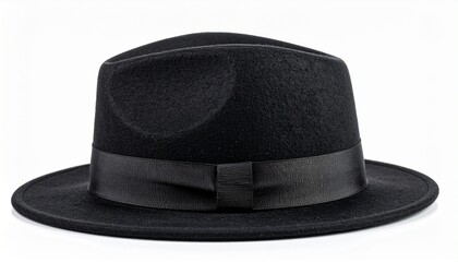 Classic black fedora with wide brim and ribbon bow on white background.