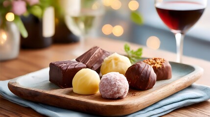 A delicious gourmet chocolate truffle platter with a glass of red wine, perfect for a cozy, romantic evening
