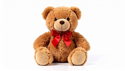 Obraz premium Light brown teddy bear with red bow, sitting upright on white background.