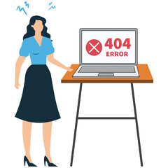 Anxious woman standing next to a table with a laptop displaying a 404 error message, isolated on white background concept of website problem and frustration