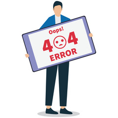 A person holds a tablet displaying a 404 error message with a sad face isolated on white background, indicating a page not found problem