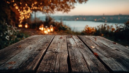 Rustic Wooden Table Overlooking Water at Sunset