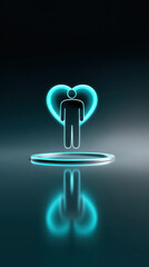 Glowing human outline with heart shape in center, symbolizing love and connection, stands on reflective surface