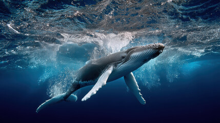 Humpback whale swimming gracefully beneath surface, creating splashes in deep blue ocean, showcasing its majestic beauty and power