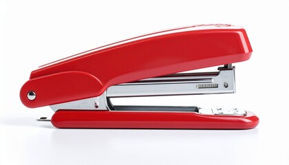 Glossy red stapler on white background, sleek side profile view.