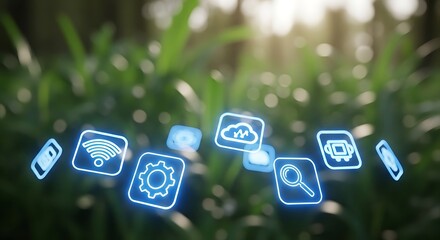 Dynamic digital icons float serenely amidst lush green foliage, symbolizing innovation and connectivity