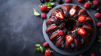Chocolate bund cake with glaze decorated with berries