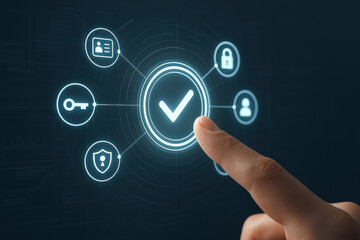 Fototapeta premium Finger pointing on digital security checkmark icon with key, lock, and user symbols