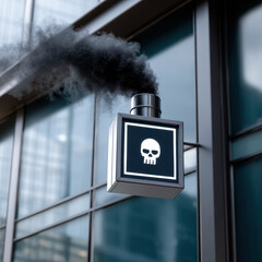 Industrial exhaust pipe emitting black smoke with skull symbol, showcasing pollution and environmental concerns in urban setting