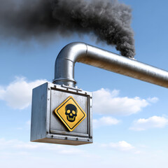 Industrial exhaust pipe emits black smoke, indicating potential danger with warning sign. Environmental concerns arise from pollution