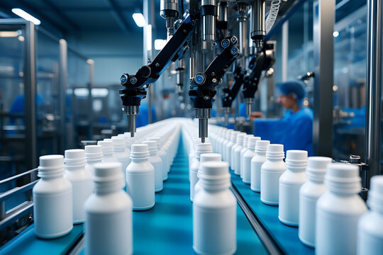 Automated production line with robotic arms and white containers automation factory