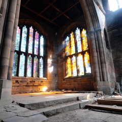Abandoned church interior with stained glass windows, sunlight streaming through, creating serene atmosphere amidst decay