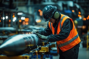Factory worker making a bomb missile