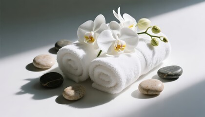 Spa Day Still Life Towels, Stones and Orchids for Relaxation