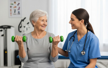 Therapist guides elderly strengthening muscles using small green dumbbells.