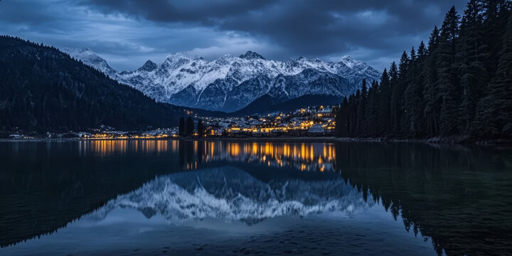 Fototapeta Serene Winter Night with a Snowy Mountain Town, Lights, and Lake Reflection for a Tourism Background