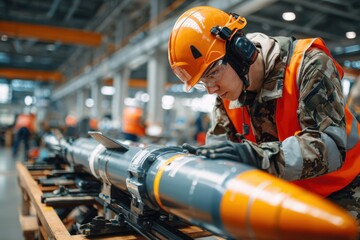 Factory worker making a bomb missile