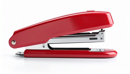 Glossy red stapler on white background, sleek side profile view.
