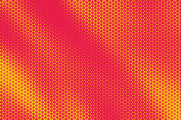 Triangle halftone geometric red background. Abstract background with yellow triangle dots. Halftone triangular retro 80s pattern. Minimal style retro dynamic wallpaper.