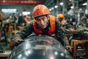 Asian factory worker making a bomb missile