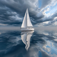 Serene sailboat glides across flat sea surface, reflecting dramatic clouds above, creating tranquil yet captivating scene