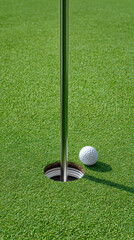 Close up view of golf ball near flagpole entering golf cup on well maintained green surface, showcasing precision and focus