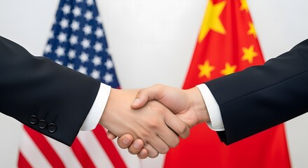Business Handshake with American and Chinese Flags in a Diplomatic Meeting
