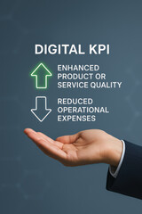 Digital KPI concept with hand showing improvement and cost reduction for business success