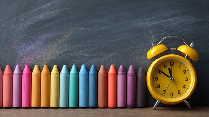Back to school background with blackboard, colorful chalks, doodle style education elements, alarm clock and classroom supplies for learning and academic design