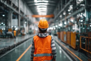 Female factory worker walking in a factory