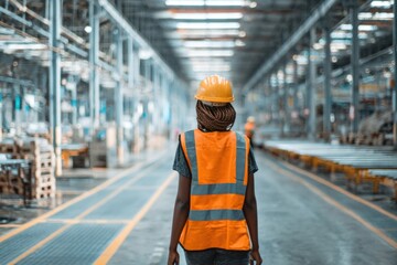 Female black factory worker walking in a factory