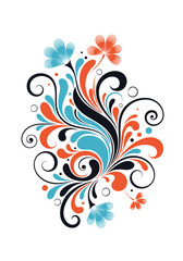 Whimsical floral swirls and flourishes in vibrant orange blue and black abstract art