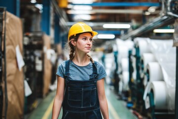 Female factory worker walking in a factory