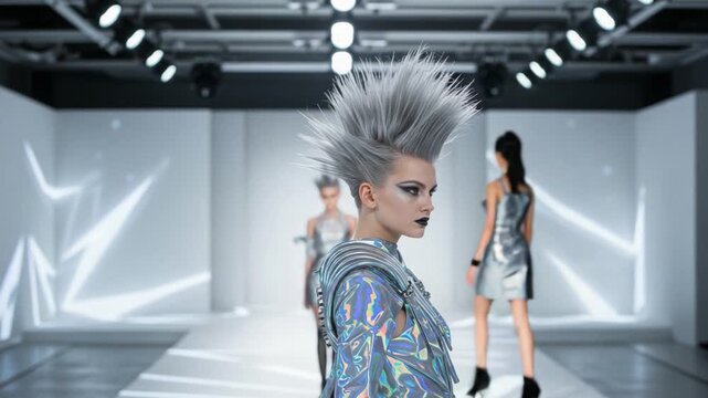Striking Futuristic Fashion Display Featuring a Model with Bold Spiked Hair and Iridescent Garments on the Runway Amidst a High-Tech Environment