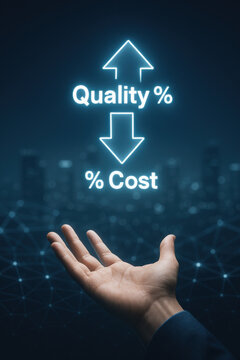 Hand with glowing arrows showing quality increase and cost decrease concept