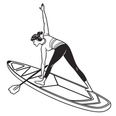 Woman doing yoga triangle pose on a paddleboard Keywords: paddleboarding, stand up paddleboard, SUP