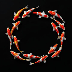 Koi fish swim gracefully in circular motion, showcasing vibrant colors and deep shadows, creating serene and captivating scene