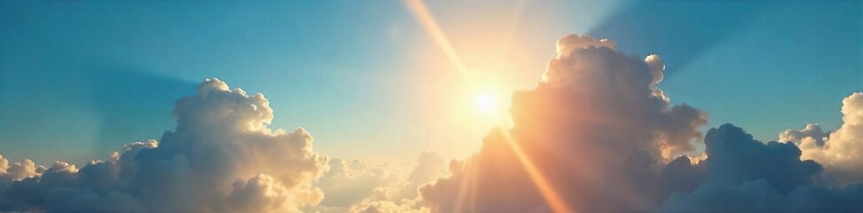 Golden sun rays piercing through the clouds, illuminating a vibrant, clear blue sky A breathtaking display of nature's beauty at its finest , dusk, illumination, sunshine