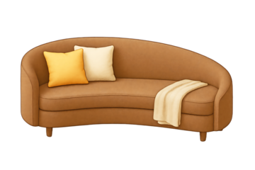 Brown Curved Sofa with Pillows and Blanket on White Background couch furniture isolated on a transparent background