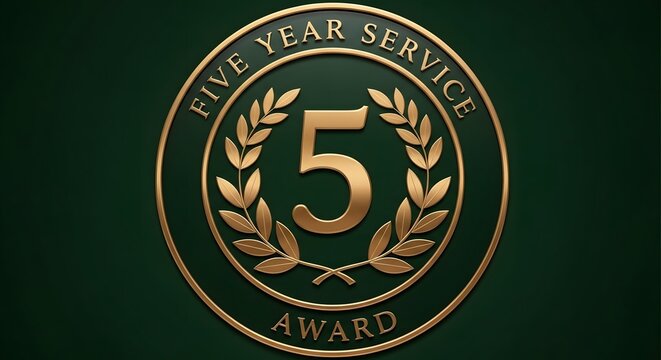 Elegant Gold Five Year Service Award Medallion on a Dark Green Background