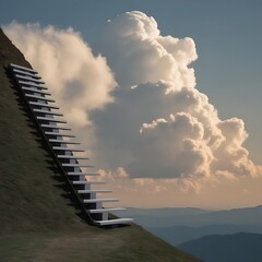A surreal staircase ascends a steep hillside, leading toward dramatic, towering clouds above a distant mountain range at sunset.