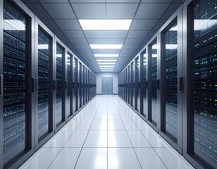 3D render of computing server room, clean and modern